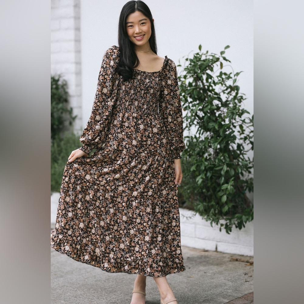 Brown Floral Smocked Maxi Dress